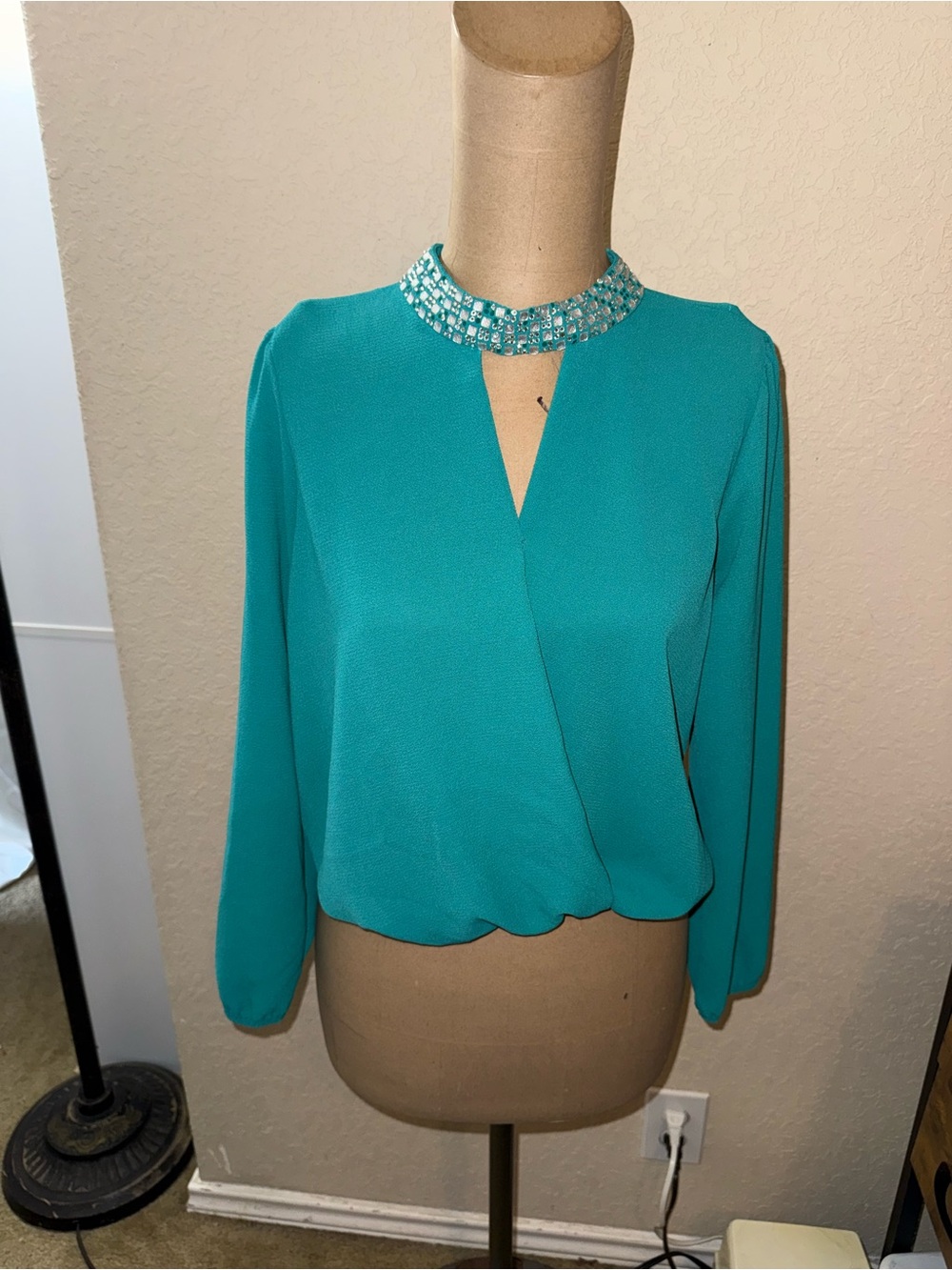 Women’s teal sequin collar keyhole neck blouse